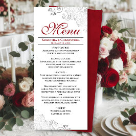 Menu Vermelho Elegante com espirais de prata no casamen