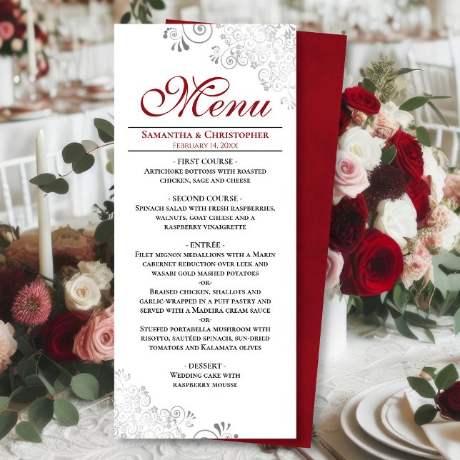 Menu Vermelho Elegante com espirais de prata no casamen (Front/Back)