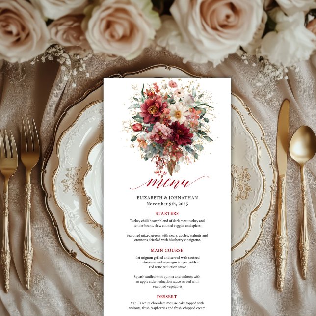 Menu Vermelho profundo luminoso dourado Borgonha floral (Luminous Deep Red Burgundy Gold Floral Boho wedding menu

)