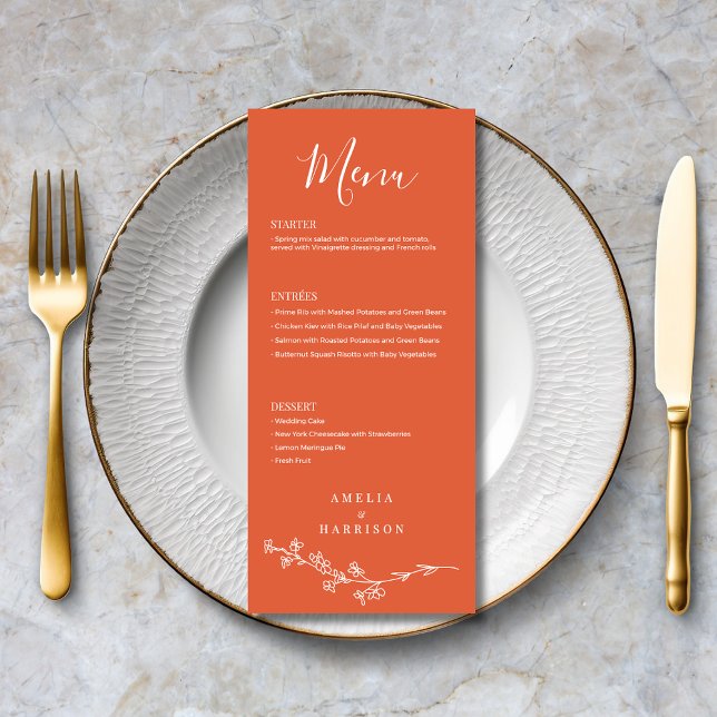 Menu Verona Sunset Orange Floral Formal Casamento Elega (Verona Sunset Orange Floral Formal Elegant Wedding Menu with Menu Options, Optional Text on Back.)