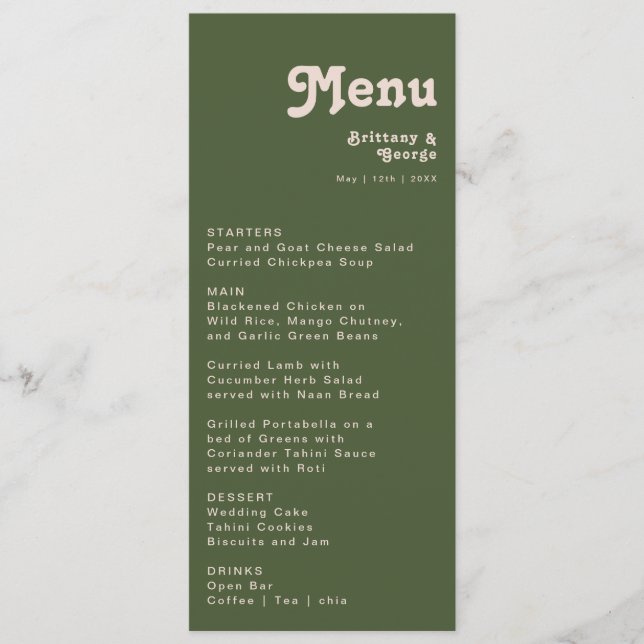 Menu Vibes de Retro Simples | Janto Casamento Verde Oli (Frente)