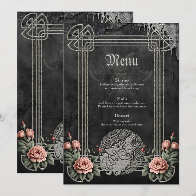 Menu Viking Wolf & Rosas. Cabeça de lobo estilizada (Frente/Verso)