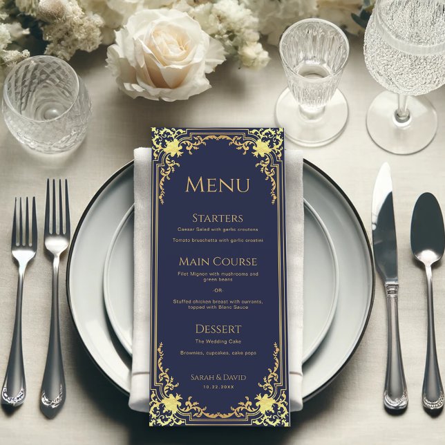 Menu Vintage Azul Marinho Faux Dourado Casamento Elegan (Criador carregado)
