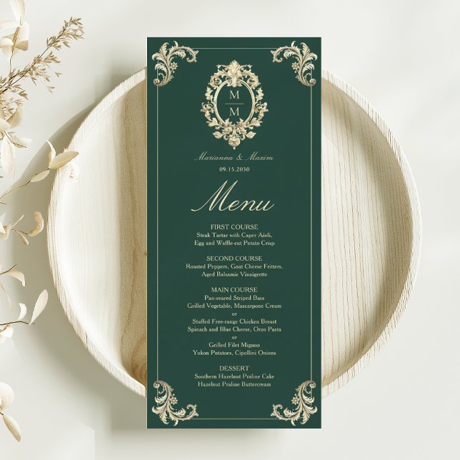 Menu Vintage Barroco Emerald Green Wedding (Criador carregado)