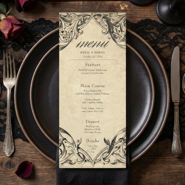Menu Vintage Bat Until Death Black Parchment Wedding (Vintage Bat Until Death Black Parchment Wedding Menu)