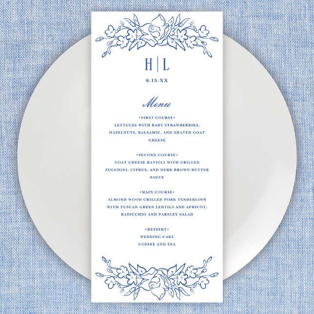 Menu Vintage Blue Floral Frame Elegante Casamento (Criador carregado)