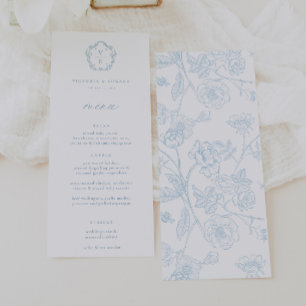 Menu Vintage Blue Monograma Crest Floral Casamento
