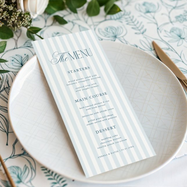 Menu Vintage Blue Stripes Timeless Luxe Script Wedding (Criador carregado)