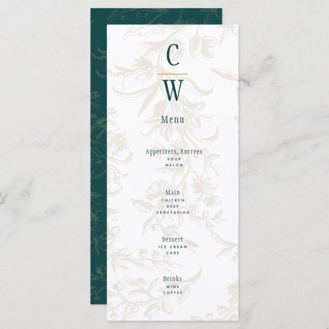 Menu Vintage BOTANICAL TEAL DOURADO Casamento (Frente/Verso)