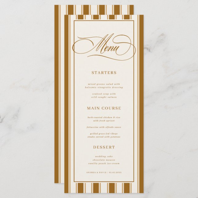 Menu Vintage Brown & Ivory Stripes Classic Wedding (Frente/Verso)