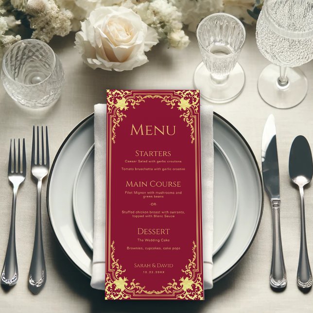 Menu Vintage Burgundy Faux Gold Foil Elegante Casamento (Criador carregado)