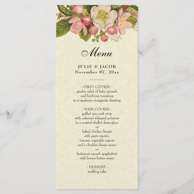 Menu Vintage Cherry Blossoms Elegant Lace Wedding (Frente)