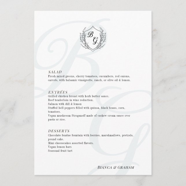 Menu Vintage Crest monograma elegante e sobredimensiona (Frente)