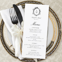 Menu Vintage Crest Monograma Formal Casamento Botânico