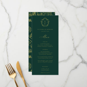 Menu Vintage Dourado Crest Monograma Floral Weding
