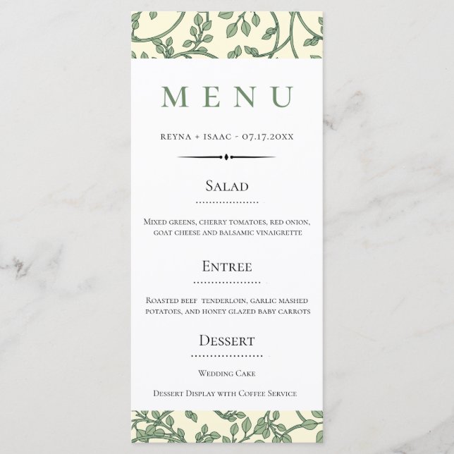 Menu Vintage English Green Ivy Pattern Wedding (Frente)