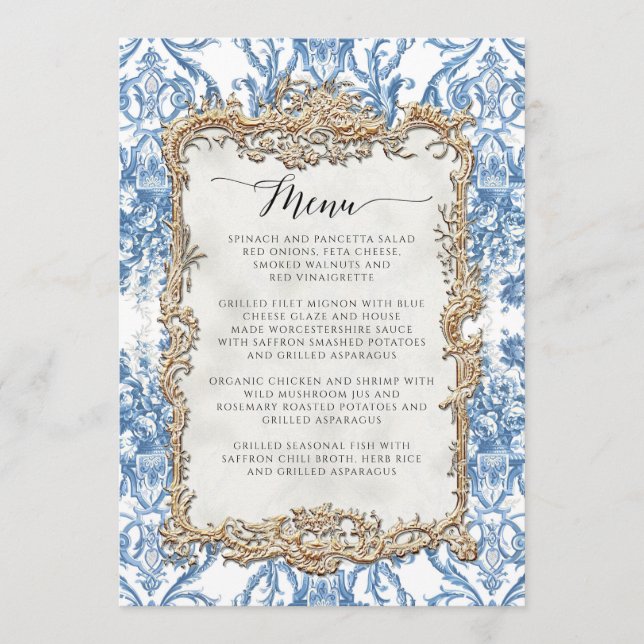 Menu Vintage Floral Barroco Rococo Azul Dourado (Frente)