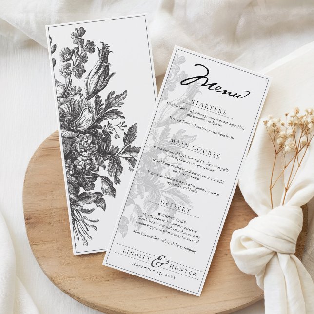 Menu Vintage Floral Black & White Romantic Wedding (Elegant black and white vintage floral bouquet 4x9 monogram botanical wedding reception dinner menu)