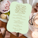 Menu Vintage Green Antique Flourish Weding<br><div class="desc">Cartões elegantes e formais de janto de casamento apresentam espirais decorativas e floresces que moldam a design. inspirada na safra. Pistão verde e cores antigas de ouro. Personalize com os nomes da noiva e do noivo,  data do evento e detalhes do menu.</div>