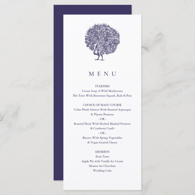 Menu Vintage Illustração Blue Peacock Casamento (Frente/Verso)