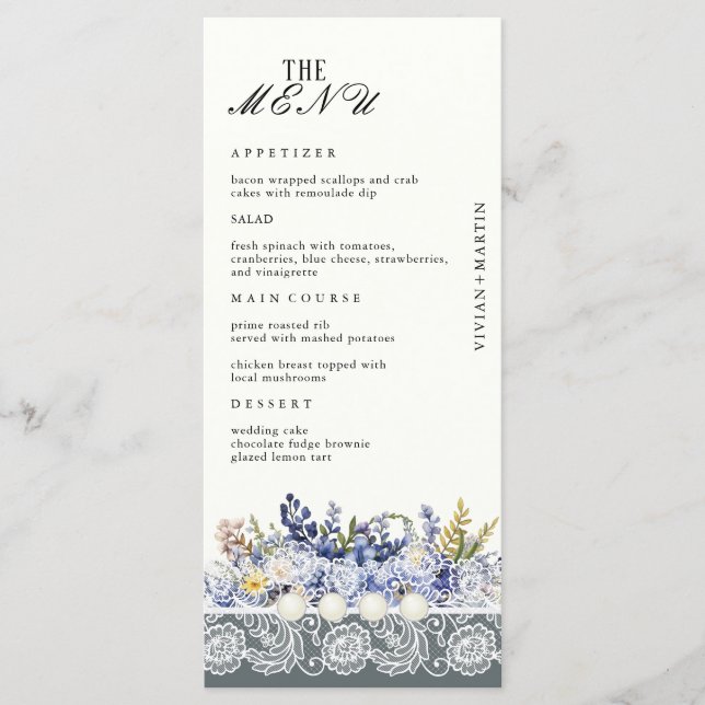 Menu Vintage Lace E Pearls Casamento Floral (Frente)