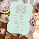 Menu Vintage Mint Blue Green e Dourado casamento antigo<br><div class="desc">Cartões elegantes e formais de janto de casamento apresentam espirais decorativas e floresces que moldam a design. inspirada na safra. Cor azul-mint e ouro antigo. Personalize com os nomes da noiva e do noivo,  data do evento e detalhes do menu.</div>