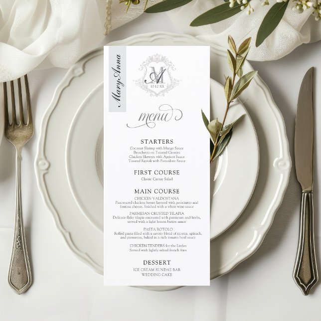 Menu Vintage Monographic Crest Wedch Place Card (Simple elegant modern vintage floral monogram crest 4x9" wedding table place card guest name menu)