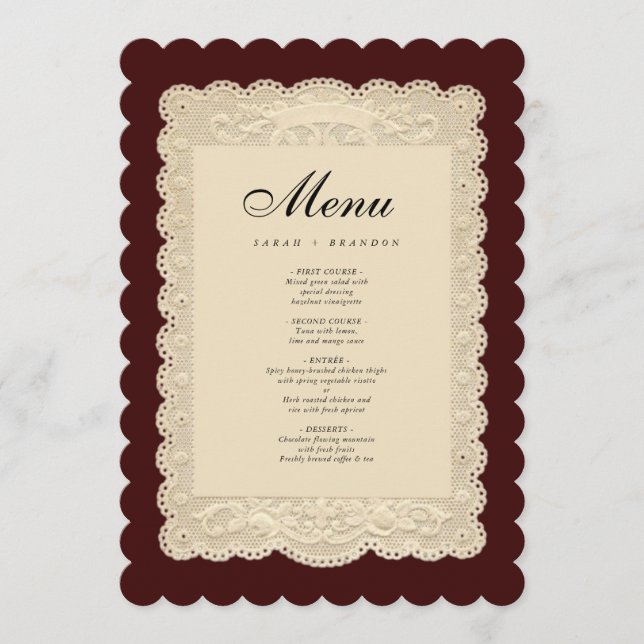 Menu Vintage Paper Lace Burgundy Wedding (Frente)