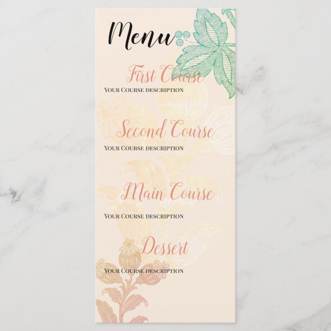 Menu Vintage Pastel Floral Peach Casamento Verde (Frente)