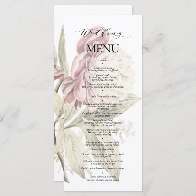 Menu Vintage Peony Botanical Fine Art Weding (Frente/Verso)