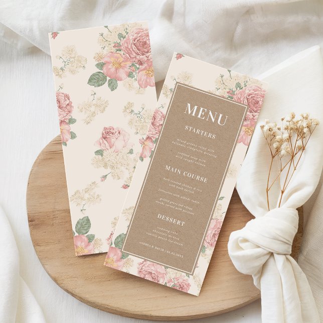 Menu Vintage Rose Garden Floral & Kraft Wedding (Criador carregado)