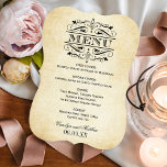 Menu Vintage Rustic Black Flourish Parerging Casamento<br><div class="desc">Cartões elegantes e formais de janto de casamento apresentam espirais decorativas pretas e floresces que moldam a design. inspirada na safra. O fundo de marfim rústico é impresso com uma aparência texturizada de papel pergaminho envelhecido. Personalize com os nomes da noiva e do noivo, data do evento e detalhes do...</div>
