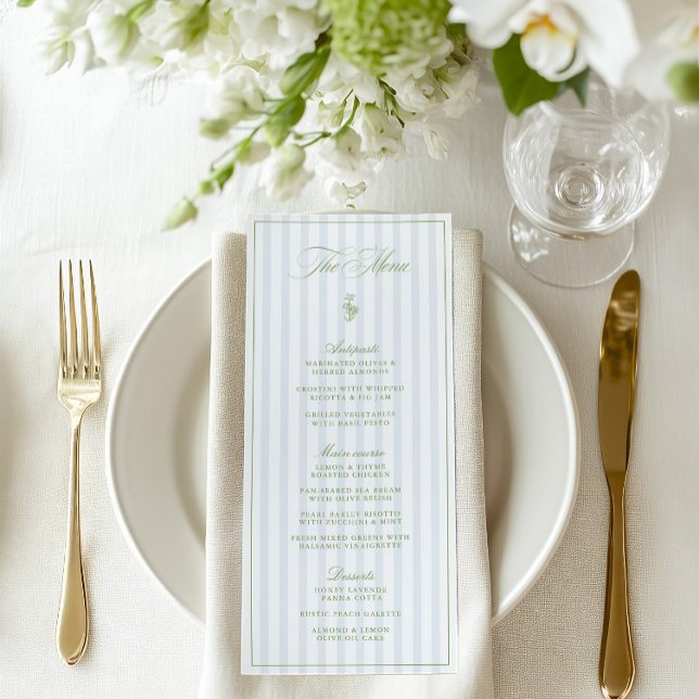 Menu Vintage Sage Green & Blue Striped (Vintage Sage Green & Blue Striped Wedding Menu)
