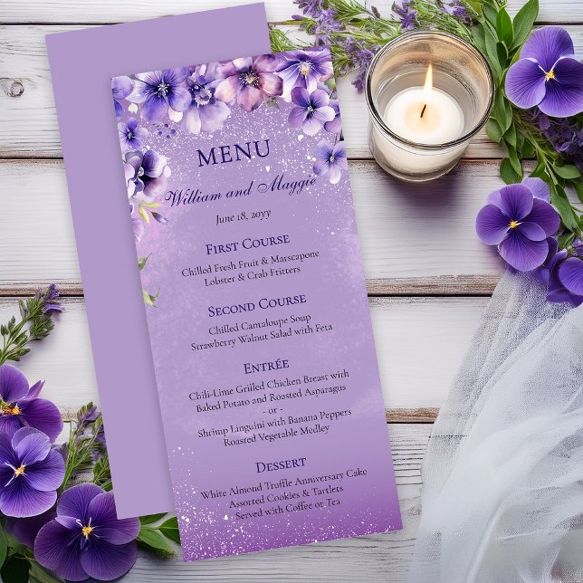 Menu Violetas Roxas Elegantes para Casamento e Aniversá (Elegant lavender floral wedding | anniversary menu --soft watercolor blooms | romantic purple tones)
