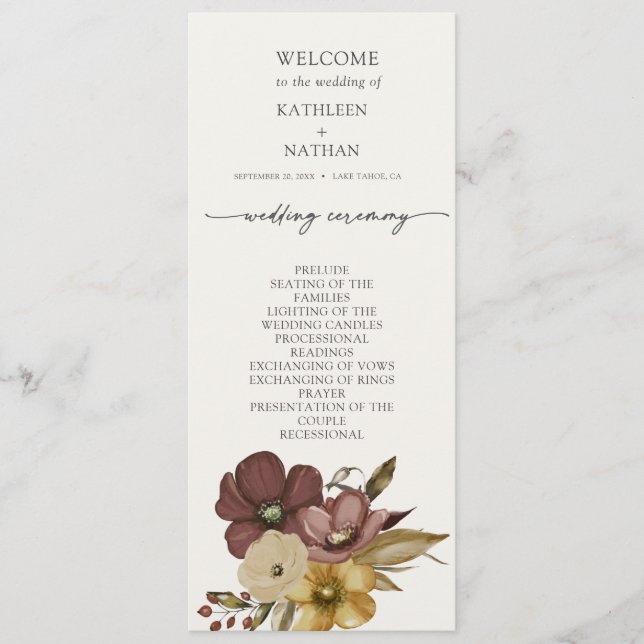 Menu Watercolor Boho Neutral Wedding Program (Frente)
