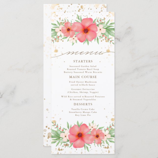 Menu Watercolor Boho Pink & Ivory Greenery Floral (Frente/Verso)