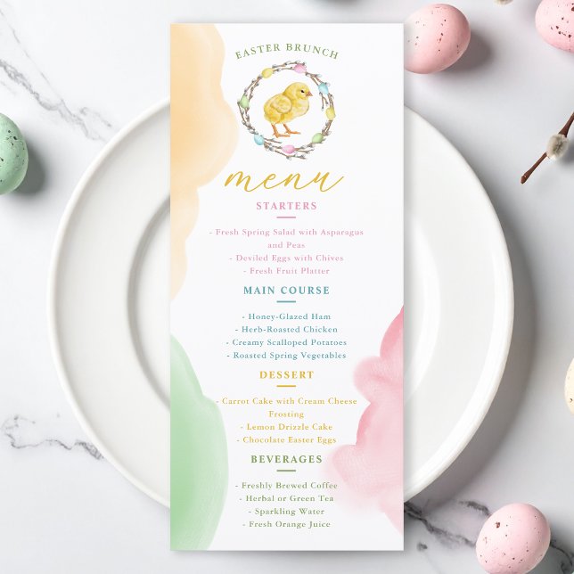 Menu Watercolor Chick And Pastel Wreath Easter Brunch (Criador carregado)