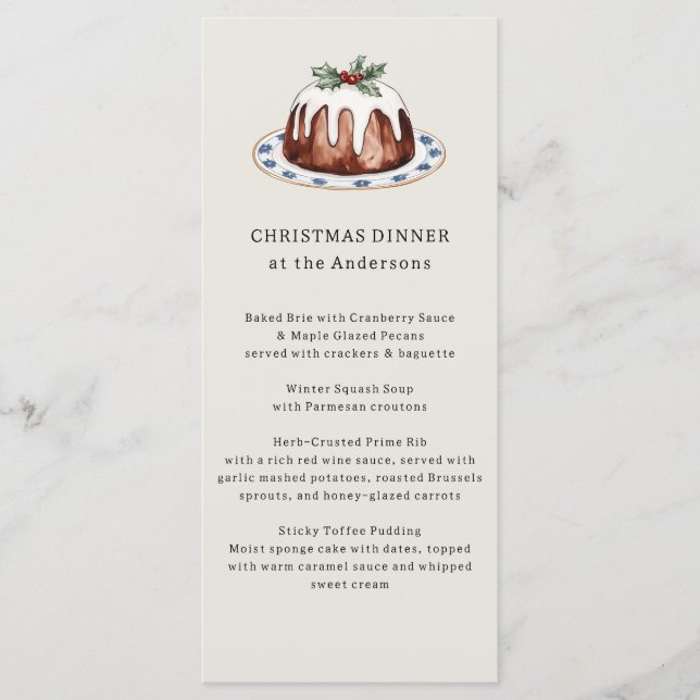 Menu Watercolor Christmas Pudding Festive Dinner (Frente)