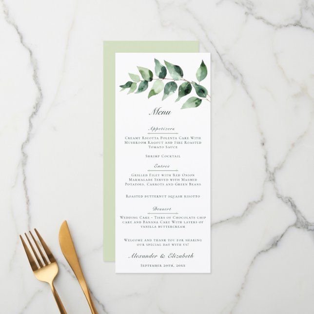 Menu Watercolor Eucalyptus Wedding | White (Frente/Verso In Situ)