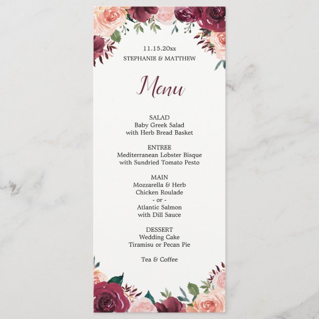 Menu Watercolor Floral Blush Burgundy Rosas Casamento (Frente)