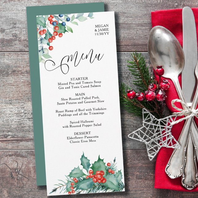 Menu Watercolor Holly Berries and Pine Winter Wedding (Criador carregado)