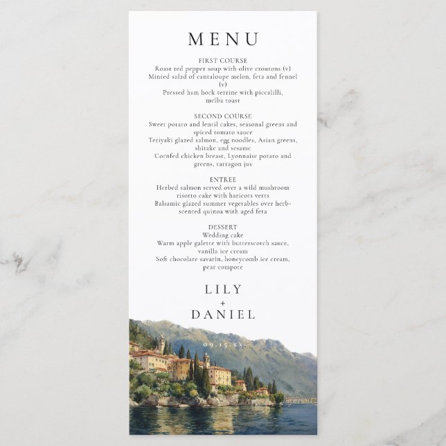 Menu Watercolor Lake Como Itália Destino Casamento (Frente)