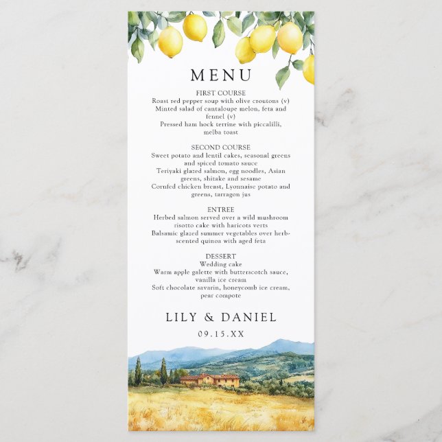 Menu Watercolor Lemons Tuscany Italy Wedding (Frente)