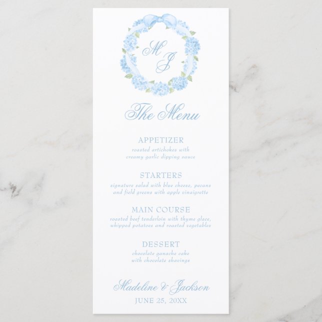 Menu Watercolor Monograma Blue Hydrangea Wreath Casamen (Frente)