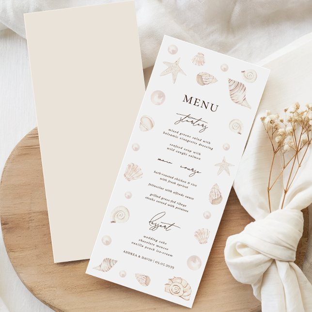 Menu Watercolor Seashells Pearls Beach Nautical Wedding (Criador carregado)