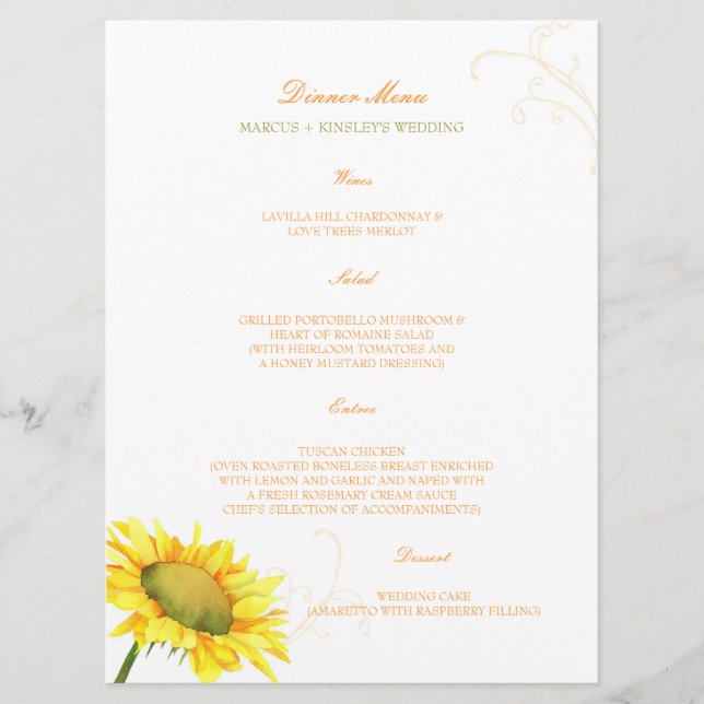 Menu Watercolor Sunflower Country WedMenu (Frente)