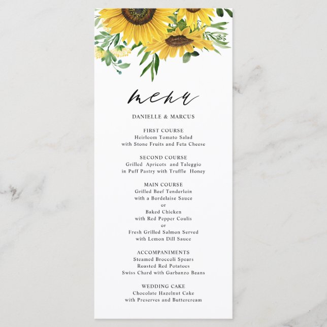 Menu Watercolor Sunflower e Eucalyptus Wedding (Frente)