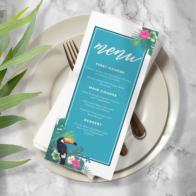 Menu Watercolor Tropical w/Toucan Wedding Teal ID577 (Criador carregado)