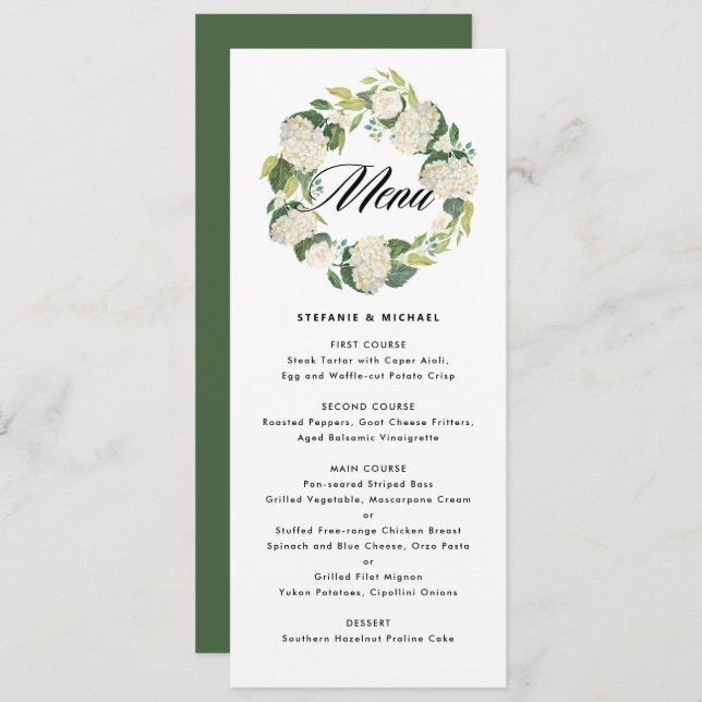 Menu Watercolor White Hydrangea Flowers Wreath Casament (Frente/Verso)