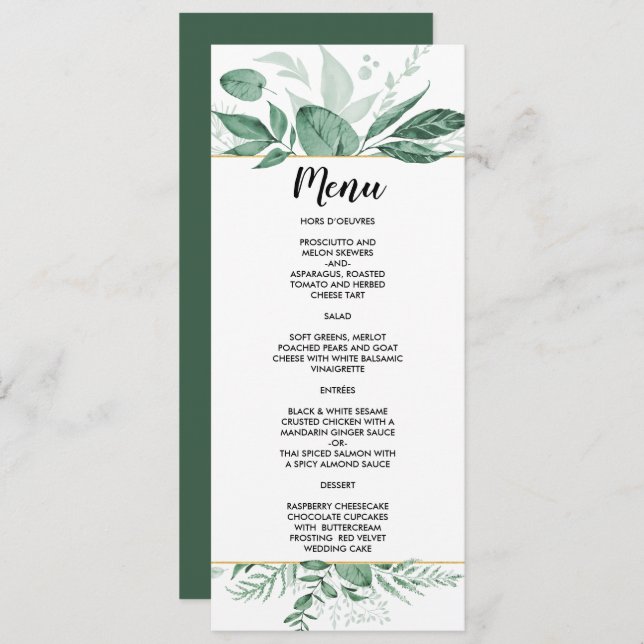 Menu Watercolor Wild Deixa Casamento Verde Caçador (Frente/Verso)